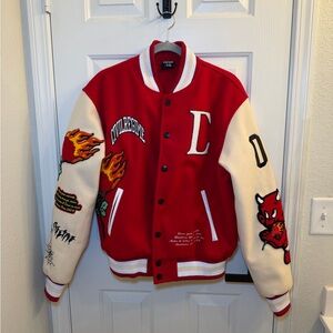 Civil Regime Roses Concrete Red and Cream Varsity Jacket